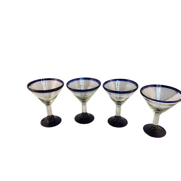 Retro MEXICO Hand Blown Cobalt Rim & Foot 12oz Stemmed MARTINI GLASSES Set of 4 - Picture 8 of 10